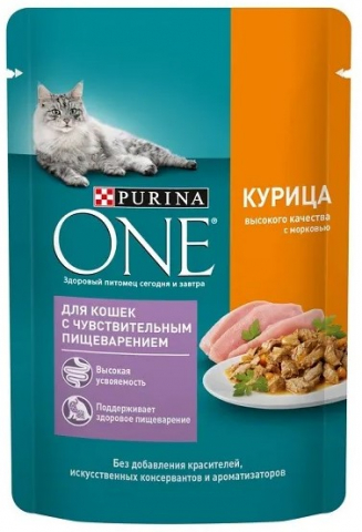 Корм влажный Purina One (для кошек с чувствительным пищеварением), 75 г, «Курица и морковь»