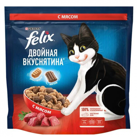 Корм сухой Purina Felix «Двойная вкуснятина» (для взрослых кошек) 1,3 кг, с мясом