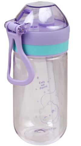 Бутылка для воды пластиковая с трубочкой Meshu, 480 мл, Cat, сиреневая
