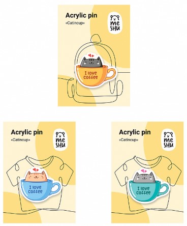 Значок акриловый Meshu Catsincups, ассорти Значок акриловый Meshu Catsincups, ассорти