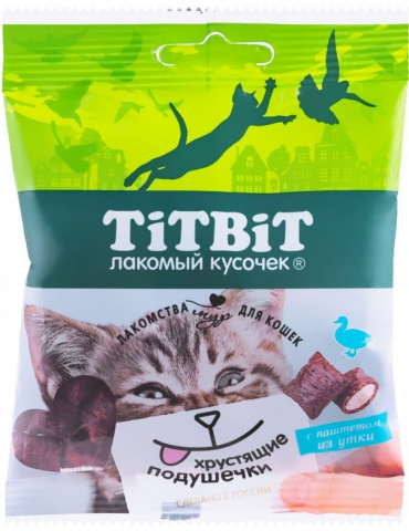 Подушечки хрустящие TitBit для кошек (лакомства), 30 г, с паштетом из утки