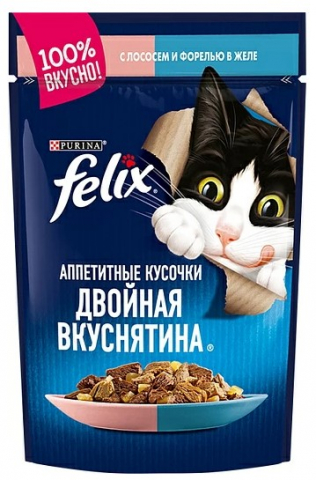 Корм влажный Purina Felix «Аппетитные кусочки» (для взрослых кошек) 75 г, лосось и форель в желе Корм влажный Purina Felix «Аппетитные кусочки» (для взрослых кошек) 75 г, лосось и форель в желе
