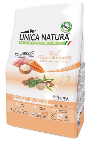 Корм сухой Unica Natura Indoor (для домашних кошек) 1,5 кг, курица/рис/морковь