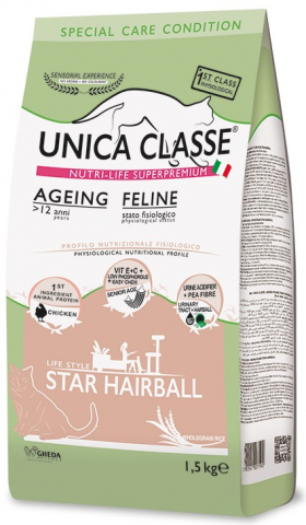 Корм сухой Unica Classe Ageing Feline Star Hairball (для пожилых кошек), 1,5 кг, с курицей
