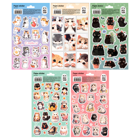 Набор наклеек бумажных Meshu 10 шт., 12×21 см, Cute Cats Набор наклеек бумажных Meshu 10 шт., 12×21 см, Cute Cats