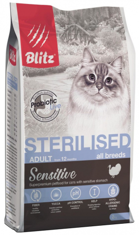 Корм сухой Blitz Sterilized (для стерилизованных кошек), 2 кг, с индейкой