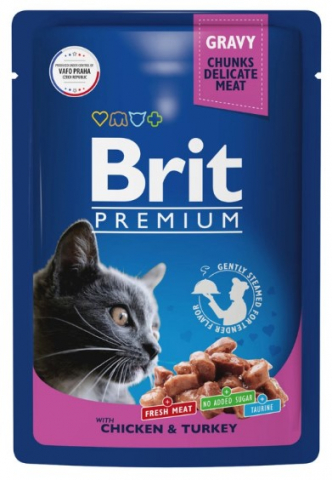 Корм влажный Brit Premium (для взрослых кошек) 85 г, «Цыпленок и индейка в соусе»