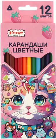 Карандаши цветные Kitty Stickers, 12 цветов, длина 175 мм