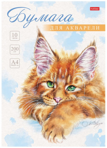 Папка для акварели Hatber, А4 (210*297 мм), 10 л., «Рыжий котик»