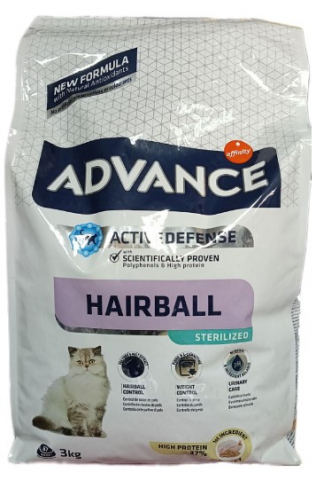 Корм сухой Advance Cat Sterilized Hairball (для вывода шерсти у стерилизованных кошек), 3 кг, индейка и ячмень