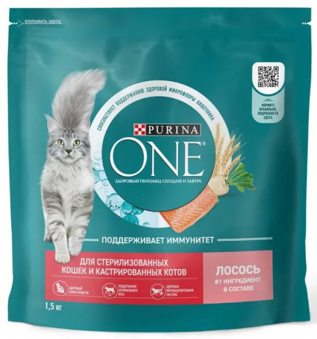 Корм сухой Purina One (для взрослых кошек), 1,5 кг, «Лосось/пшеница»