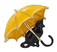 Брошь «Кошка под зонтом», 4,2*4 см, цвет чёрно-жёлтый в золоте