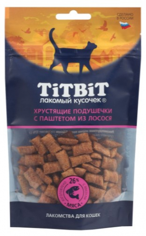 Лакомство «Хрустящие подушечки» TitBit (для кошек), 60 г, паштет из лосося