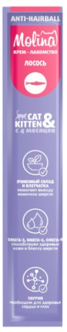 Лакомство для кошек Molina 144 г, с лососем (для выведения шерсти) Лакомство для кошек Molina 144 г, с лососем (для выведения шерсти)