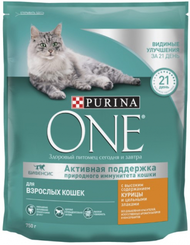 Корм сухой Purina One (для взрослых кошек), 750 г, «Курица и злаки»