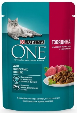 Корм влажный Purina One (для кошек), 75 г, «Говядина и морковь» Корм влажный Purina One (для кошек), 75 г, «Говядина и морковь»